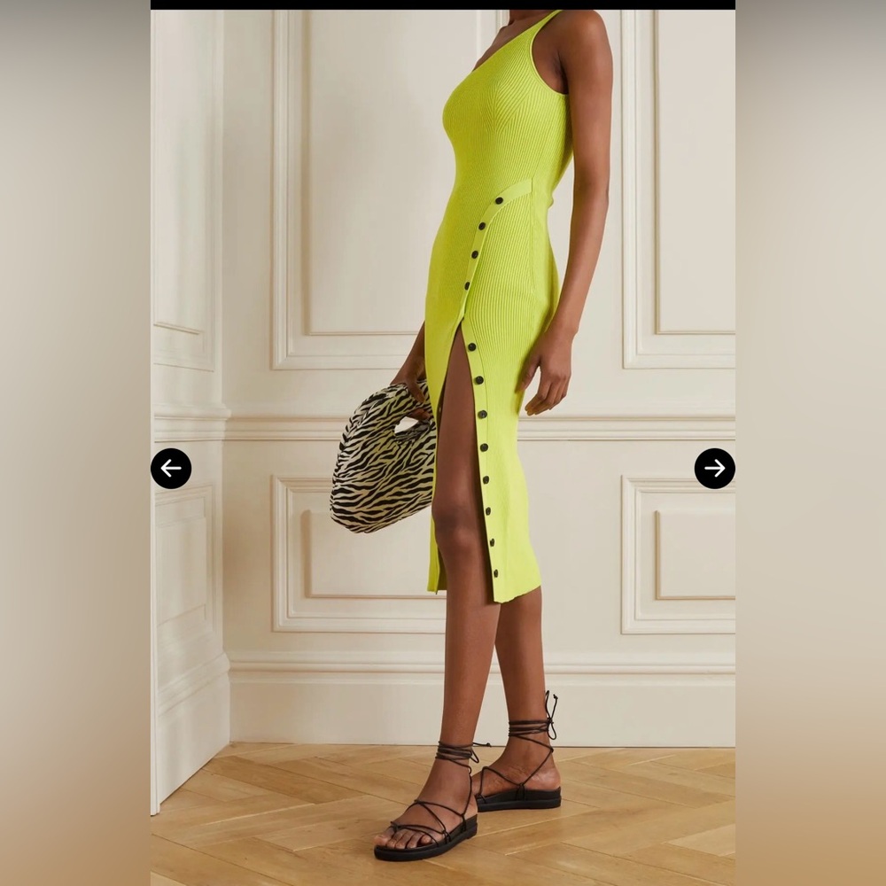 Self Portrait One - Shoulder Ribbed Knit Midi Dress Lime US 4 - Picture 2 of 6